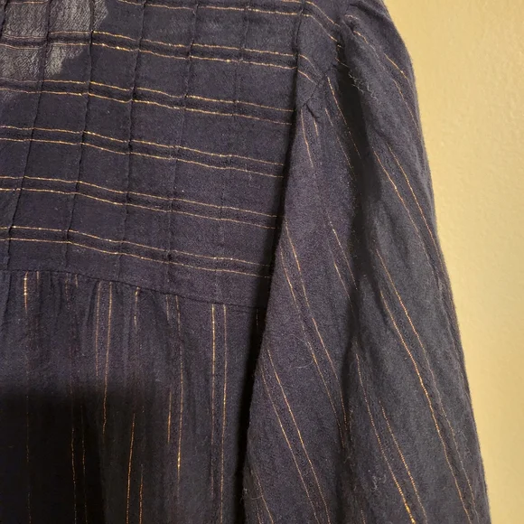 Anthropologie Maeve Reston Blouse | Navy Gold Metallic‎ Stripe Large, Like New! - Picture 5 of 10